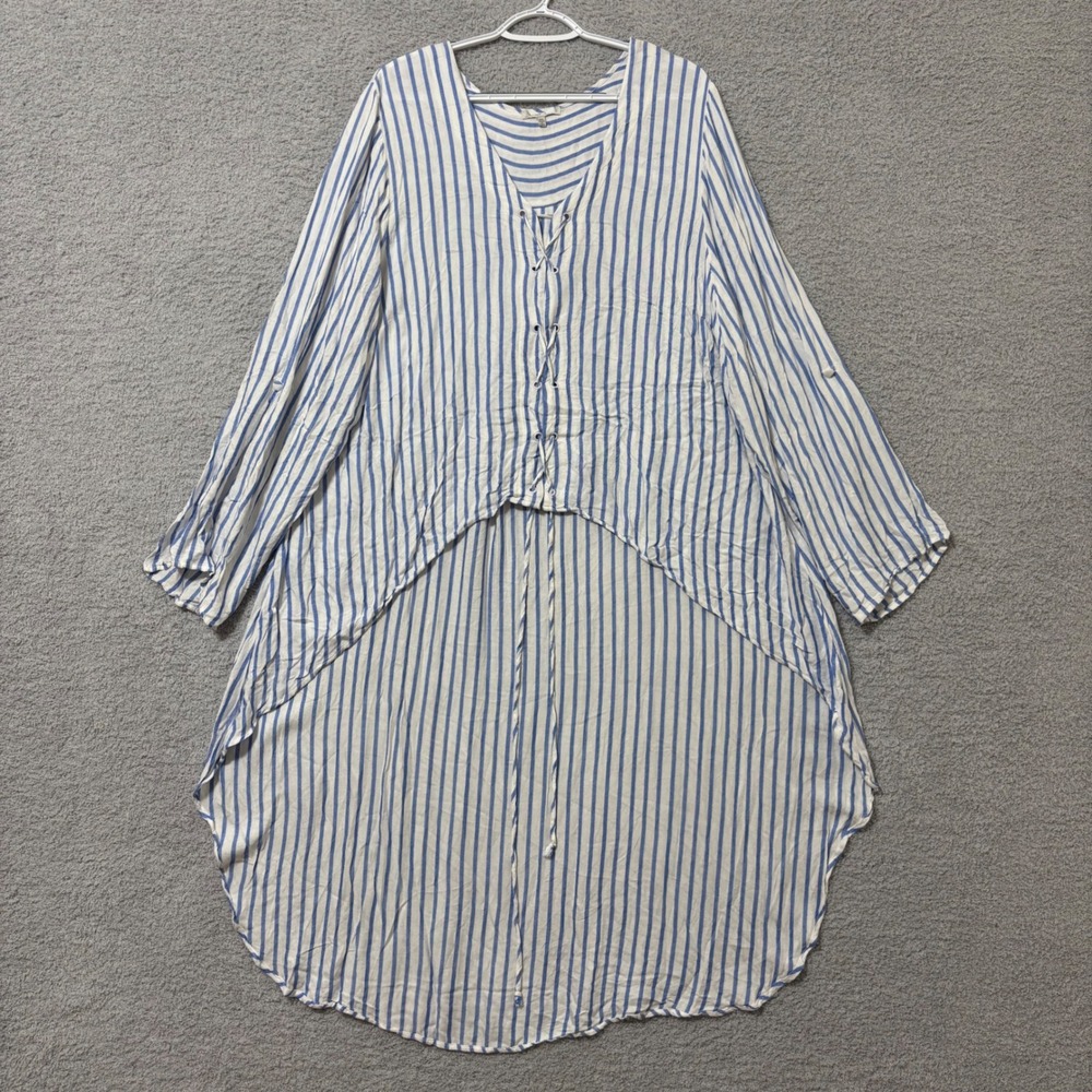 Coastal Striped High Low Tunic Lace Up Roll Tab Sleeve Oversized 3XL